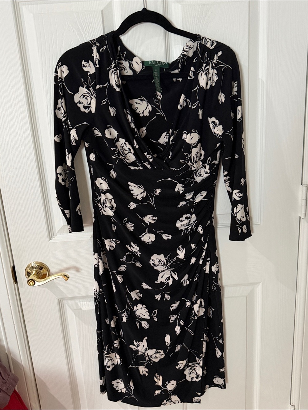 Lauren Ralph Lauren Black Cream Floral Long-Sleeve Dress size 8 stretchy